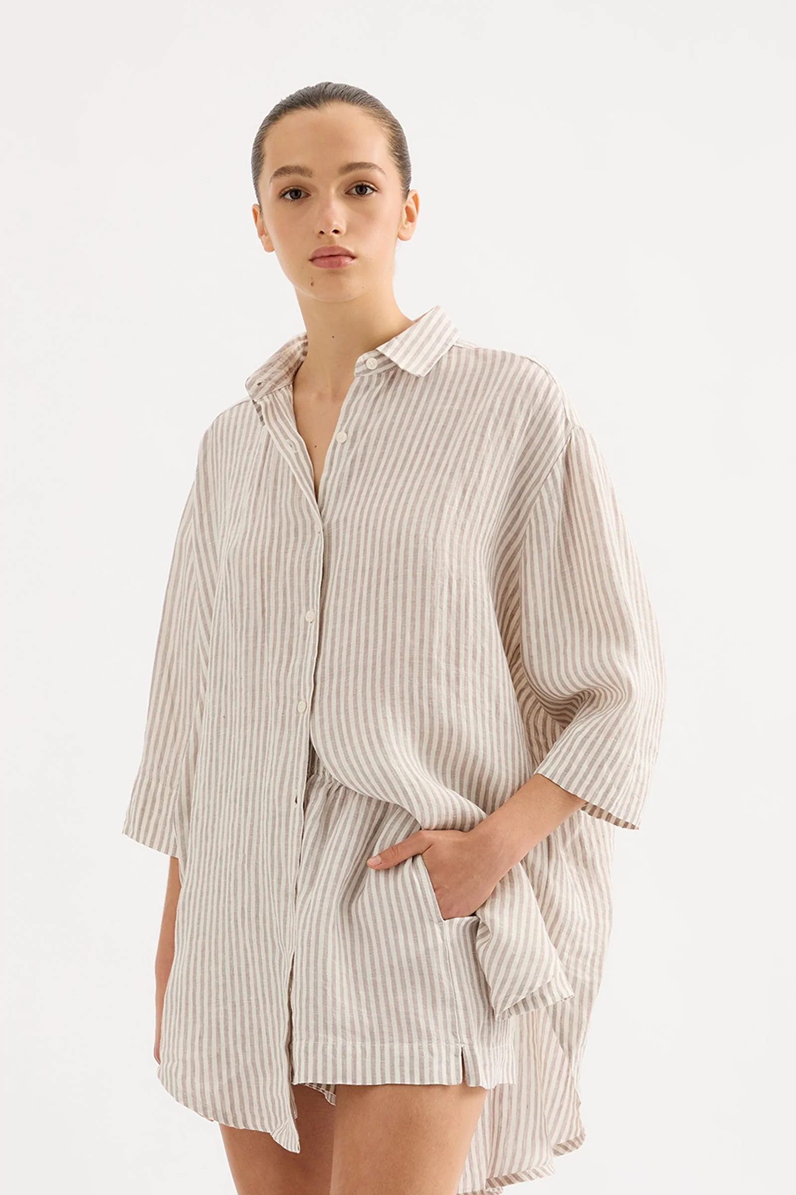 LOUNGE STRIPE LINEN LONGLINE SHIRT - Image 5